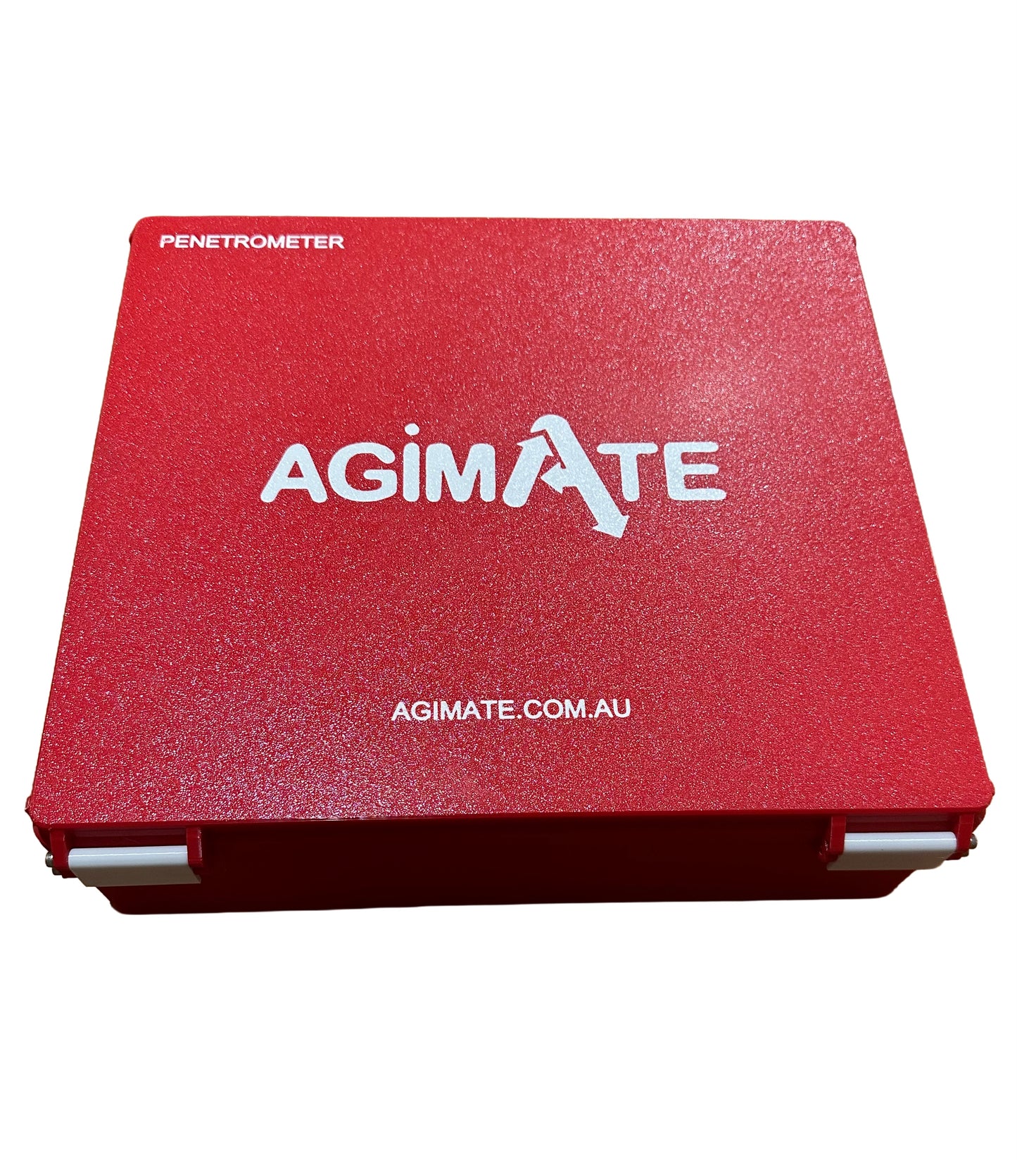 AGIMATE Penetrometer hard case closed, showing red exterior with AGIMATE logo.