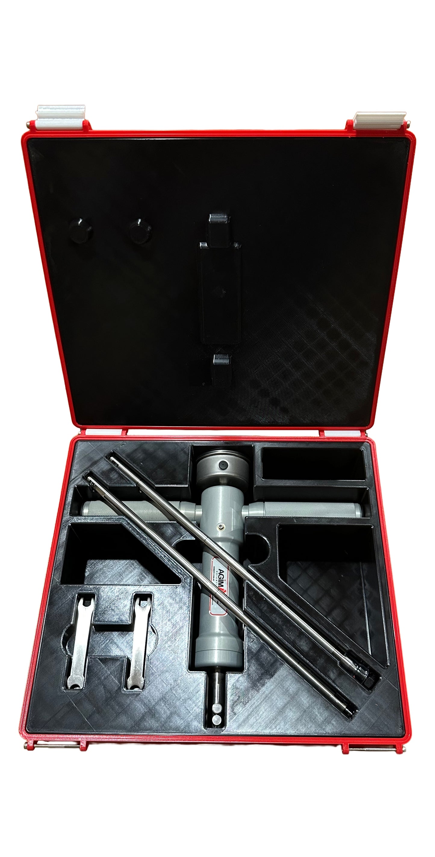 AGIMATE Penetrometer hard case open, showing the penetrometer, 2 piece shaft and spanners packed into the custom insert.