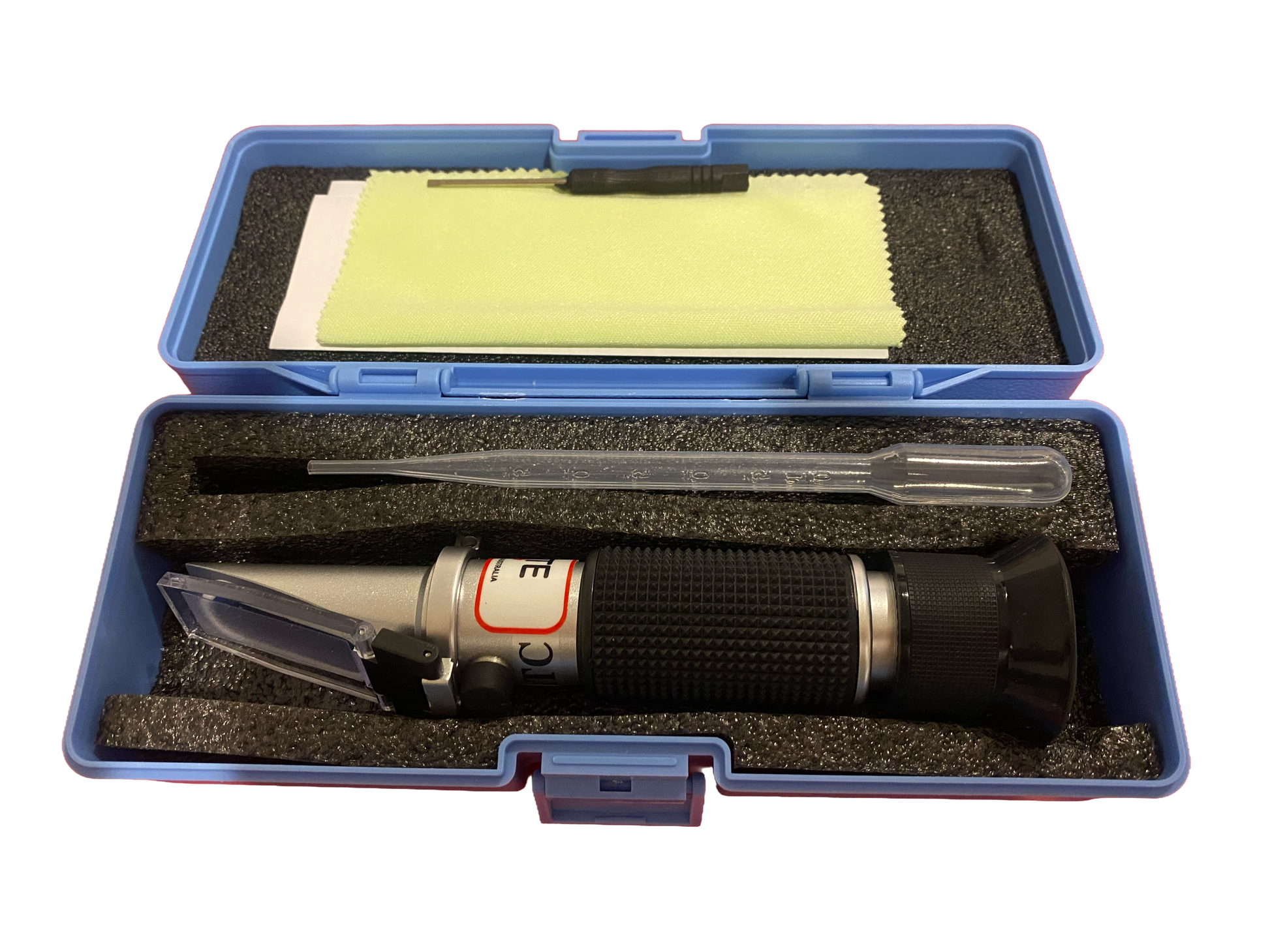 Agimate refractometer kit contents laid out including refractometer, pipette, calibration screwdriver, cleaning cloth and case.